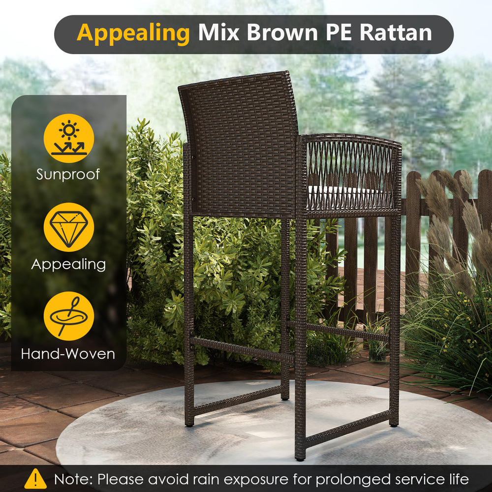 Bar height armchair in mix brown PE rattan with backrest and armrests, ideal for outdoor patio relaxation.