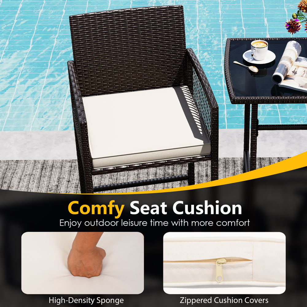 Comfy seat cushion with high-density sponge for 3-piece patio bar set, ideal for outdoor relaxation by the poolside.