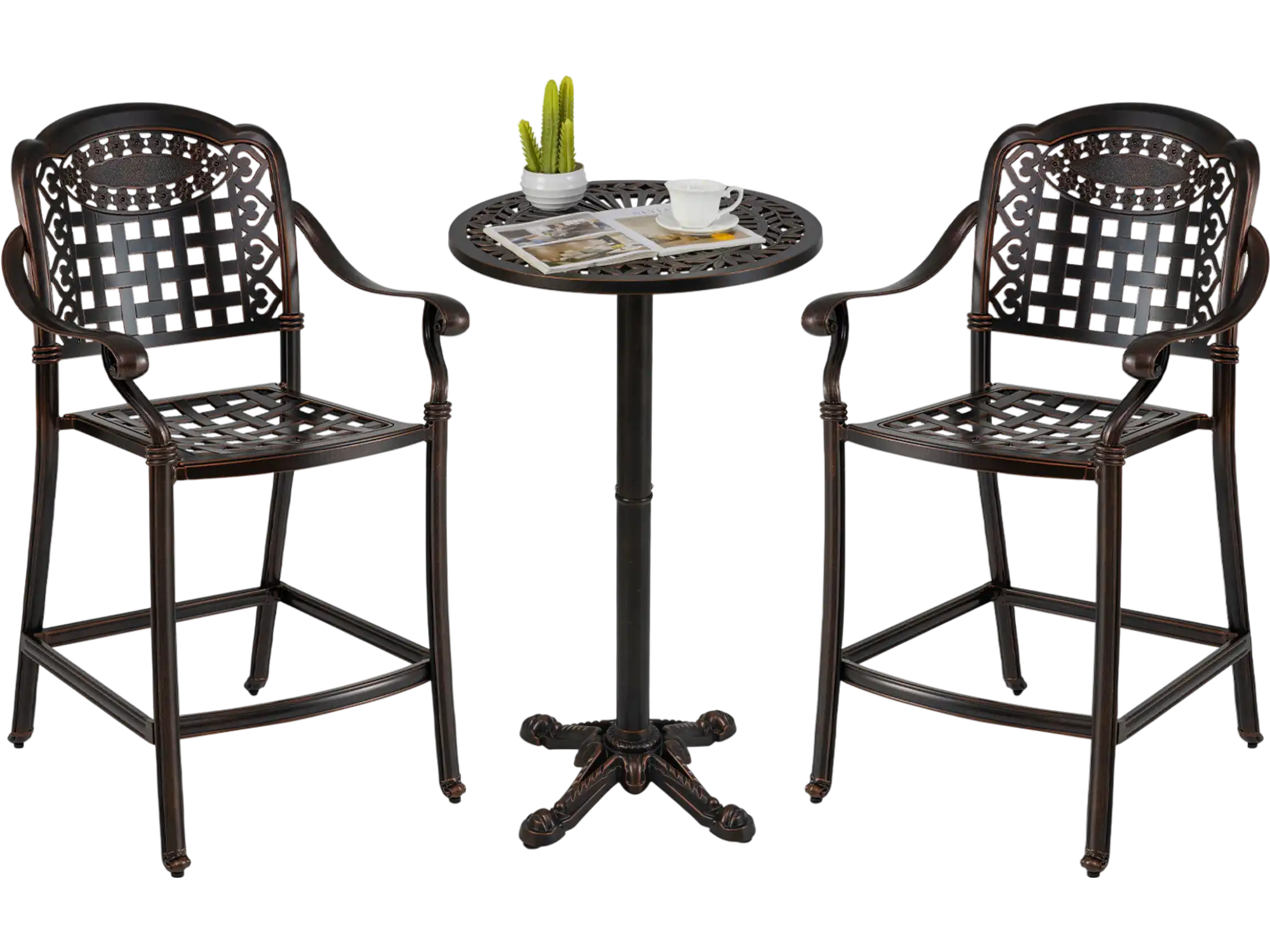 Costway 3-Pc Outdoor Cast Aluminum Patio Bar Set Round High Top Table 2 Counter Height Stools 38229684 New