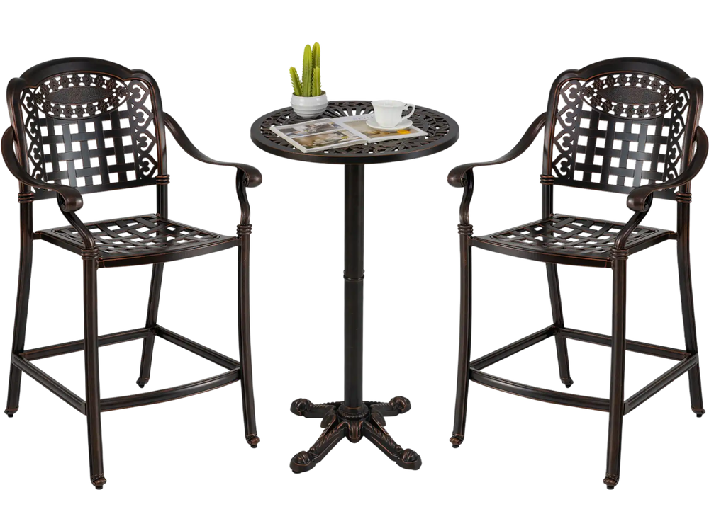 3 Piece Patio Bar Set Outdoor Cast Aluminum Round High Top Table 2 Counter Height Bar Stools