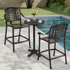 Patio bar set featuring a round high top table and two counter height stools, crafted from robust cast aluminum for.