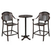 High top bar stool with hallowed backrest and ergonomic design, crafted from durable cast aluminum for outdoor comfort.