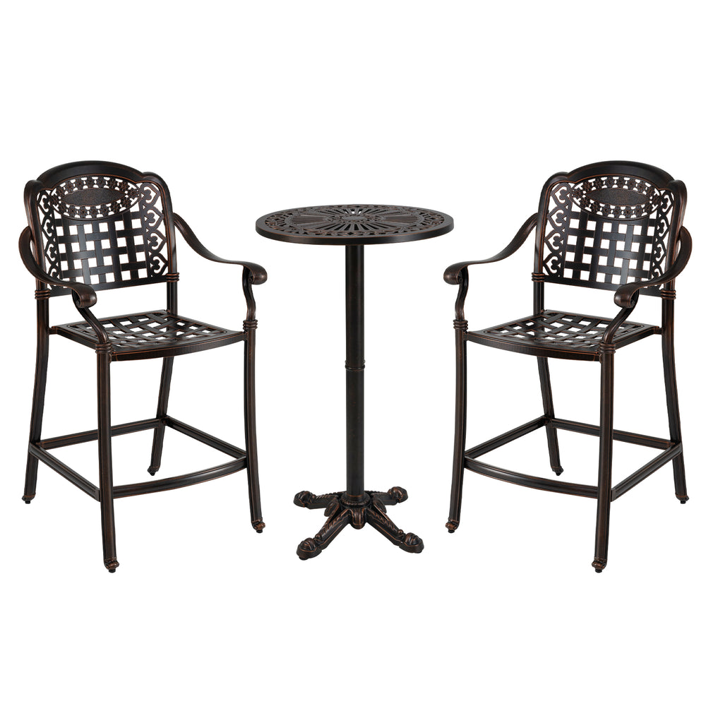 High top bar stool with hallowed backrest and ergonomic design, crafted from durable cast aluminum for outdoor comfort.