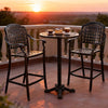 3-piece patio bar set featuring a round high top table and 2 counter height bar stools, perfect for outdoor relaxation.