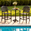 Patio bar set featuring two counter height bar stools and a round high top table, perfect for poolside relaxation.