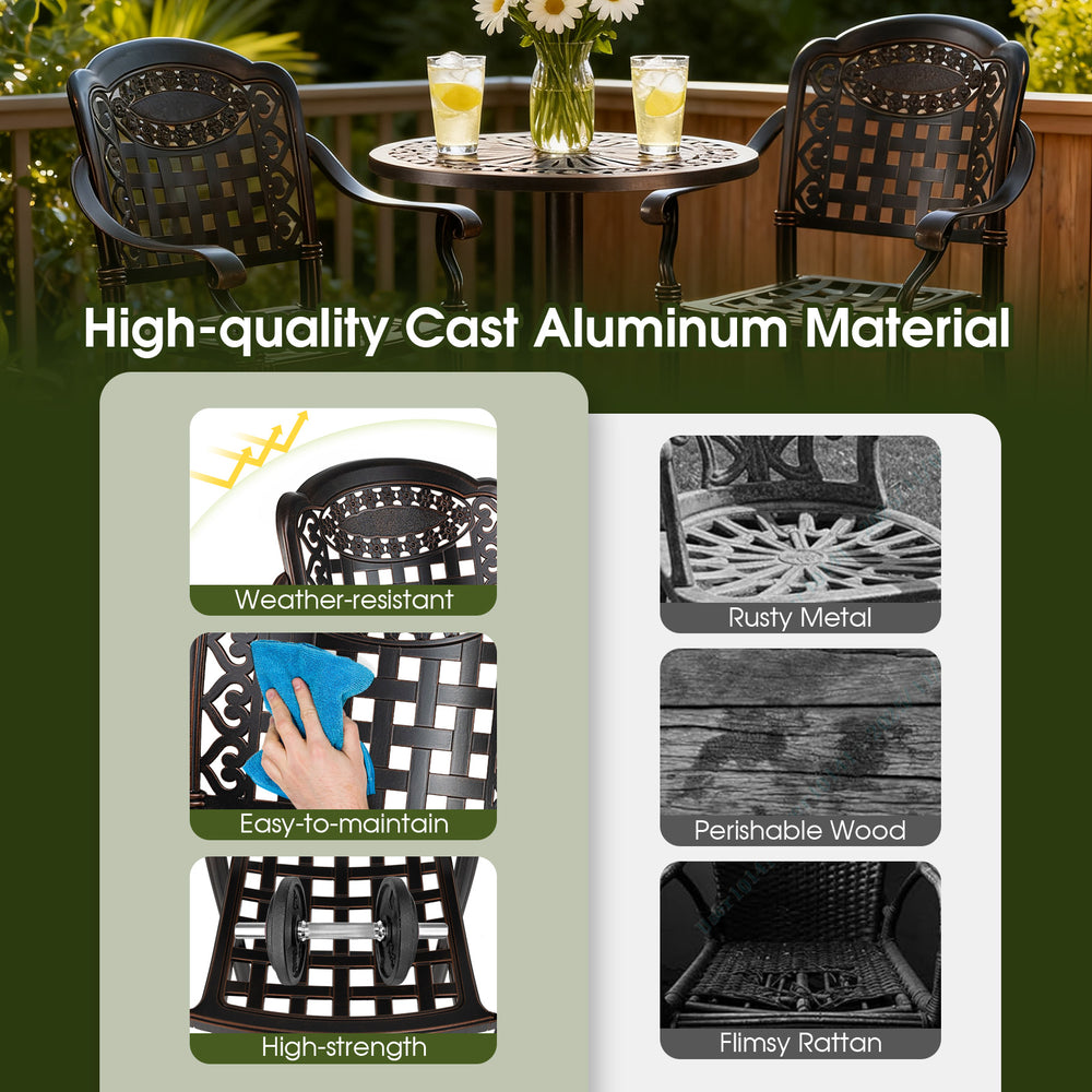 3-piece patio bar set featuring a round high top table and 2 counter height bar stools in durable cast aluminum for.