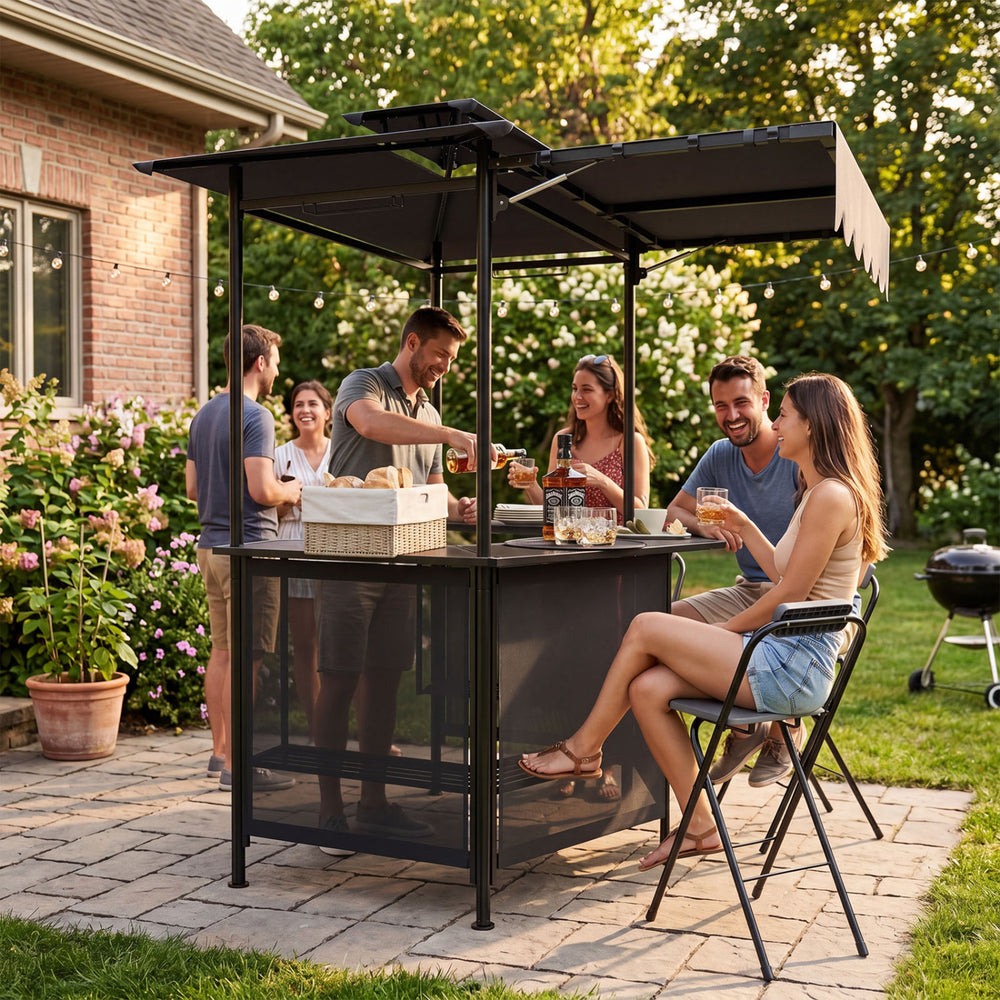 3-Piece Patio Bar Set Outdoor Grill Gazebo and 2 Folding Bar Stools-Black - Gallery View 1 of 12