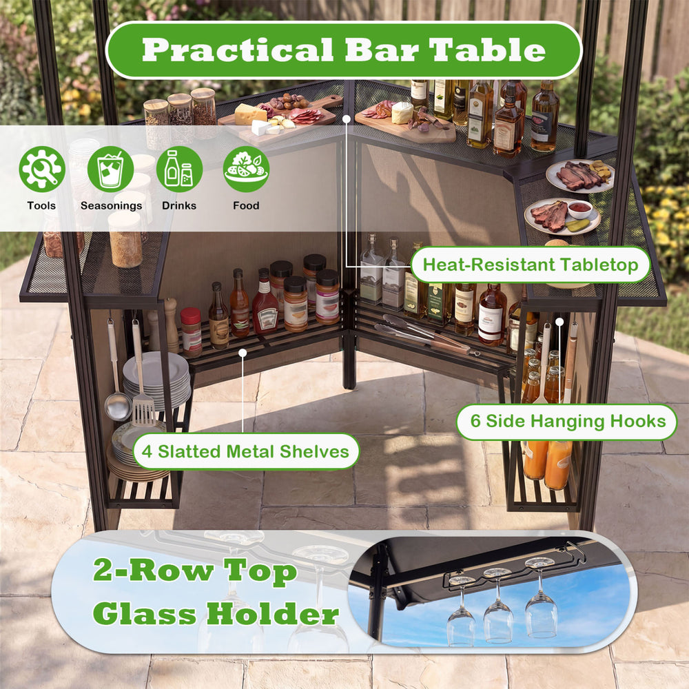 Corner view of the practical bar table featuring a heat-resistant tabletop, 4 slatted shelves, and 2-row glass holder.