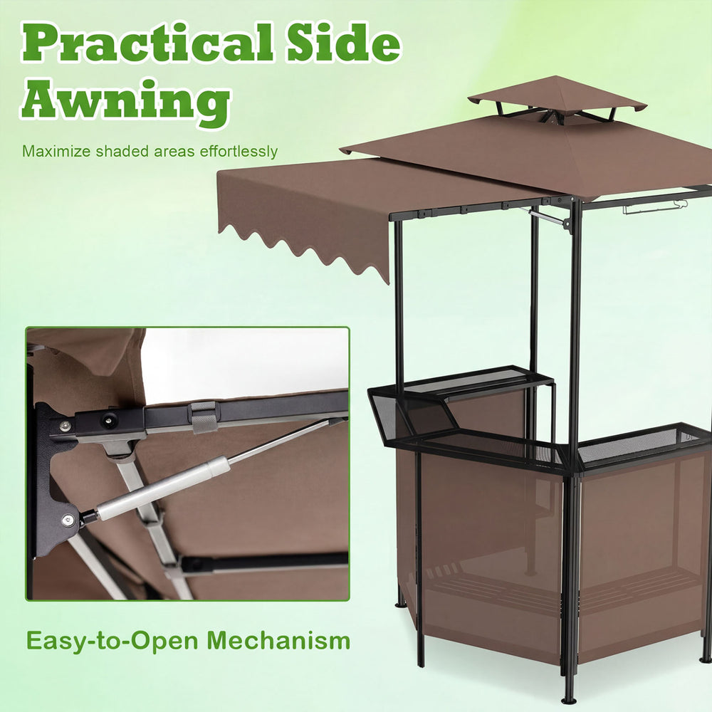 Practical side awning of the 3-piece patio bar set in brown, featuring an easy-to-open mechanism for added sun.