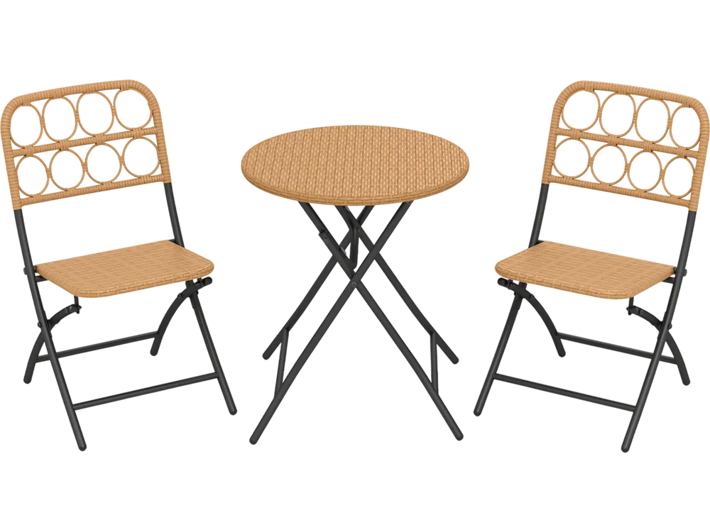 3 Piece Patio Bistro Set Folding Round Table and Chairs with Wicker Seat
