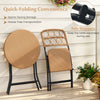 Folding round table and chairs set with handwoven rattan seats, perfect for outdoor patio and easy storage.