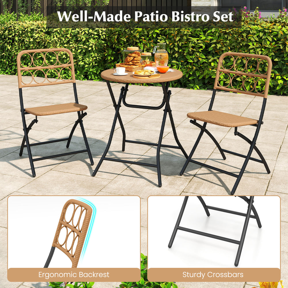 Folding round table and two chairs from the 3 Piece Patio Bistro Set with wicker seats, perfect for outdoor relaxation.