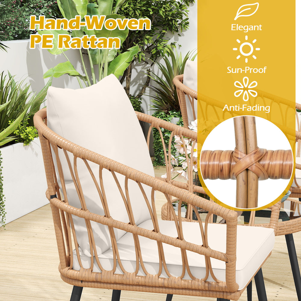 Hand-woven PE rattan chair with soft cushion, perfect for outdoor patio use in a stylish bistro set.