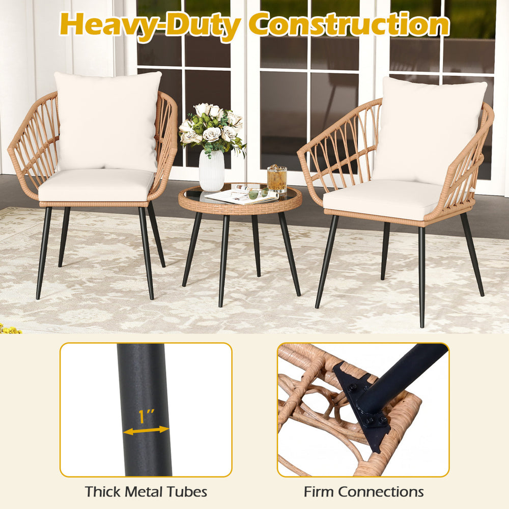 3-piece patio bistro set featuring PE rattan wicker chairs and a tempered glass coffee table, ideal for outdoor.