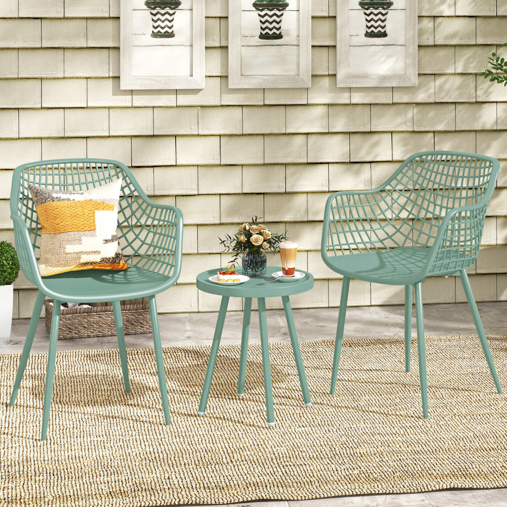 Three-piece patio chair set in green with PP seats and a coffee table, perfect for backyard or balcony relaxation.