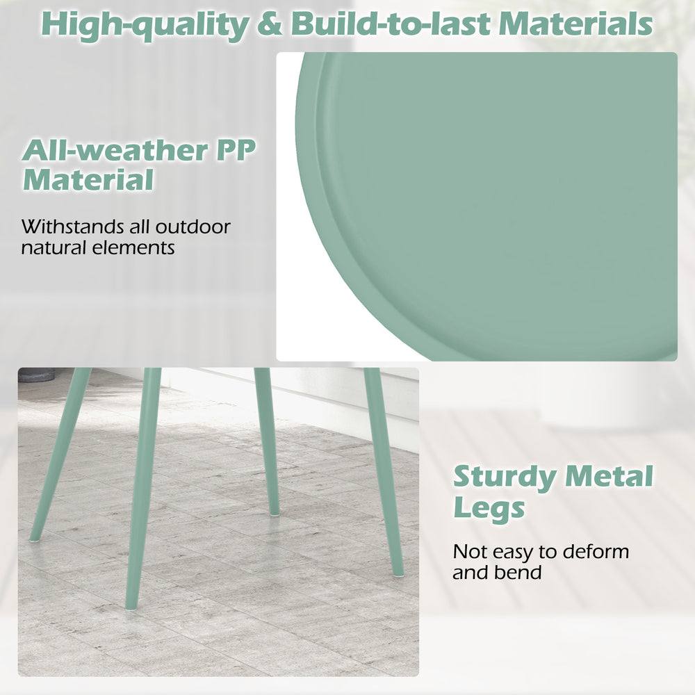 Close-up of the green PP tabletop with sturdy metal legs, ideal for outdoor patio use and lasting durability.