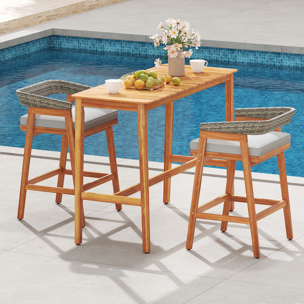 Patio counter height bar set with two cushioned barstools, crafted from acacia wood and hand-woven PE rattan, ideal for.