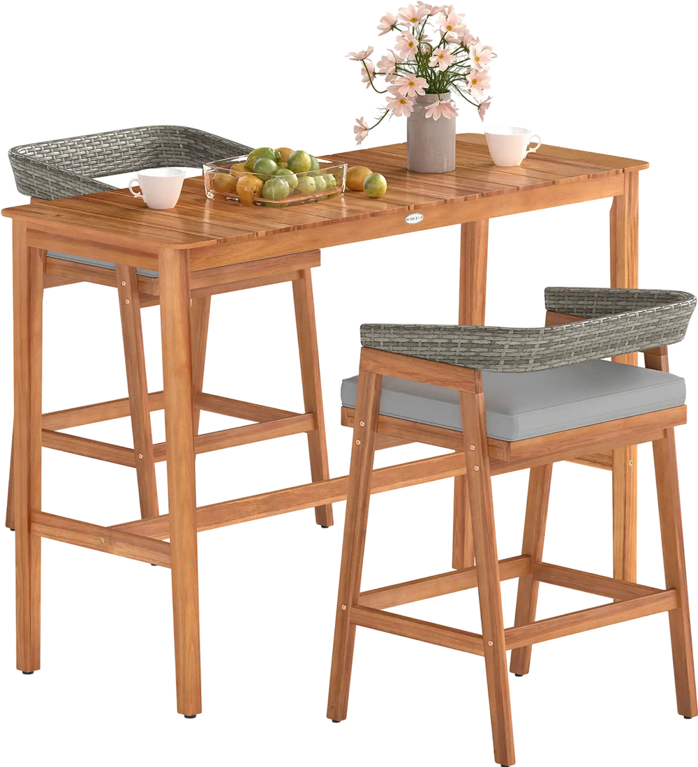 Patio counter height bar set featuring solid acacia wood, two cushioned barstools, perfect for outdoor gatherings.