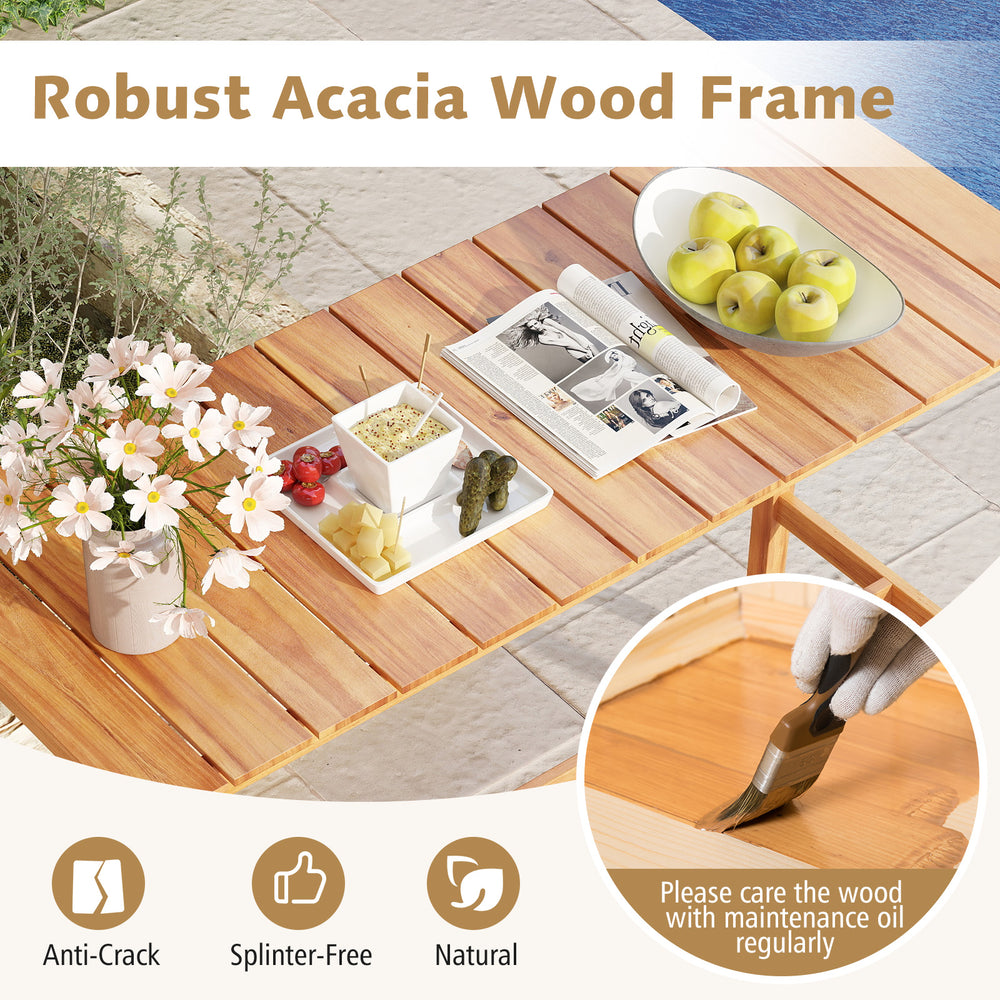 Counter height bar table made of acacia wood with a smooth surface, ideal for patio gatherings and easy maintenance.