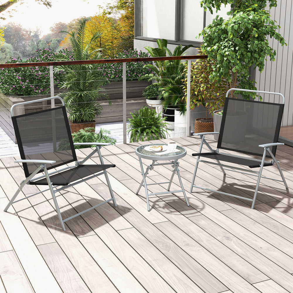 3-piece patio folding chair set with metal frame and tempered glass table, perfect for backyard or poolside relaxation.