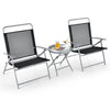 Two folding patio chairs with armrests and a tempered glass coffee table, perfect for outdoor relaxation.