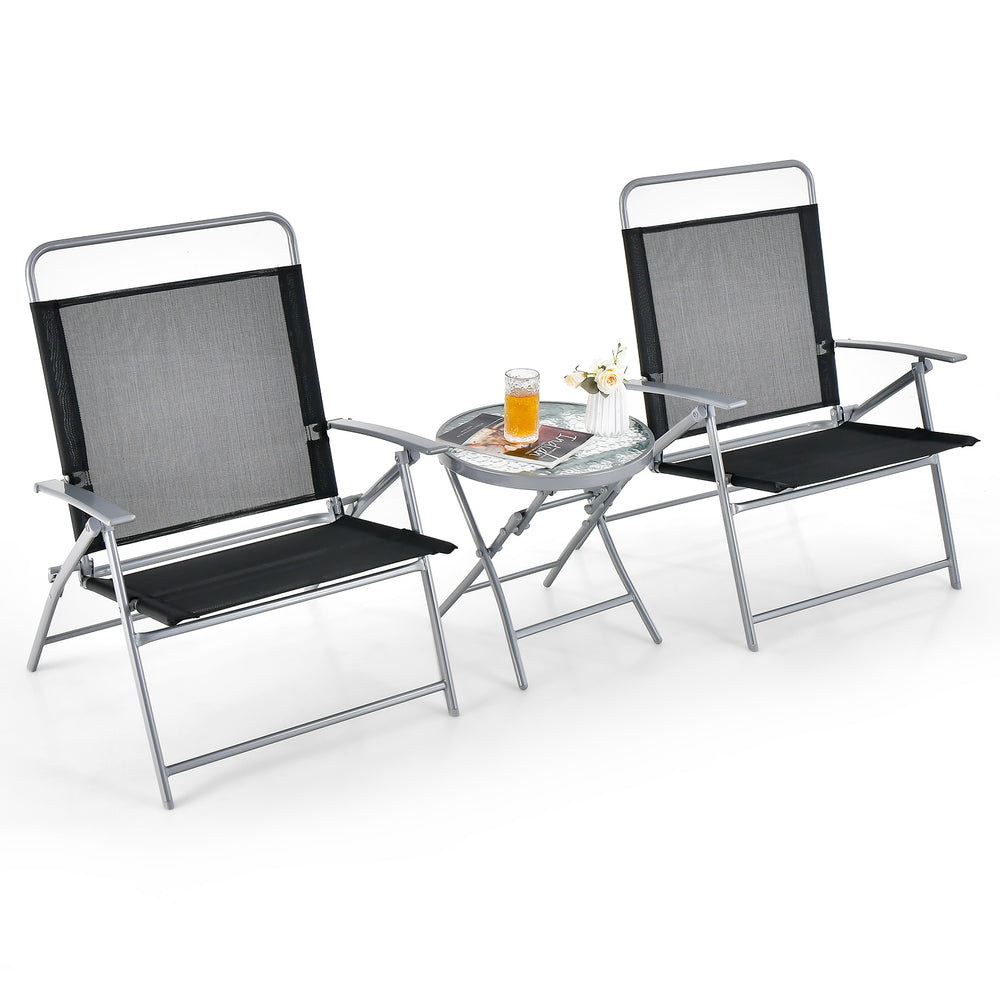 Two folding patio chairs with armrests and a tempered glass coffee table, perfect for outdoor relaxation.