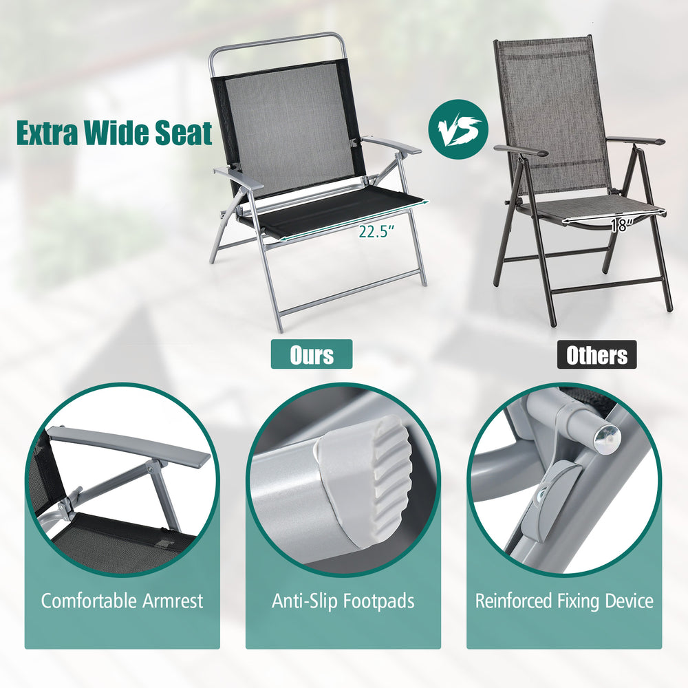 Extra wide 22.5" seat patio folding chair with comfortable armrests and anti-slip footpads for outdoor relaxation.