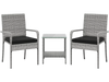 Two comfortable chairs with black seat cushions and a tempered glass tabletop in a 3-piece patio furniture set.