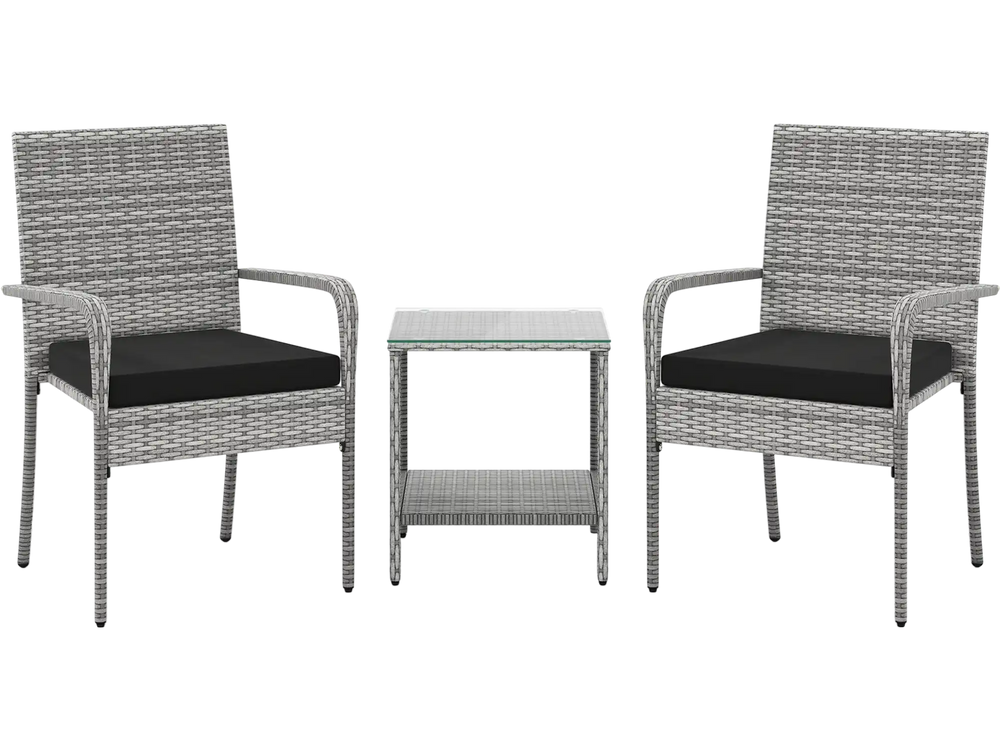 Two comfortable chairs with black seat cushions and a tempered glass tabletop in a 3-piece patio furniture set.