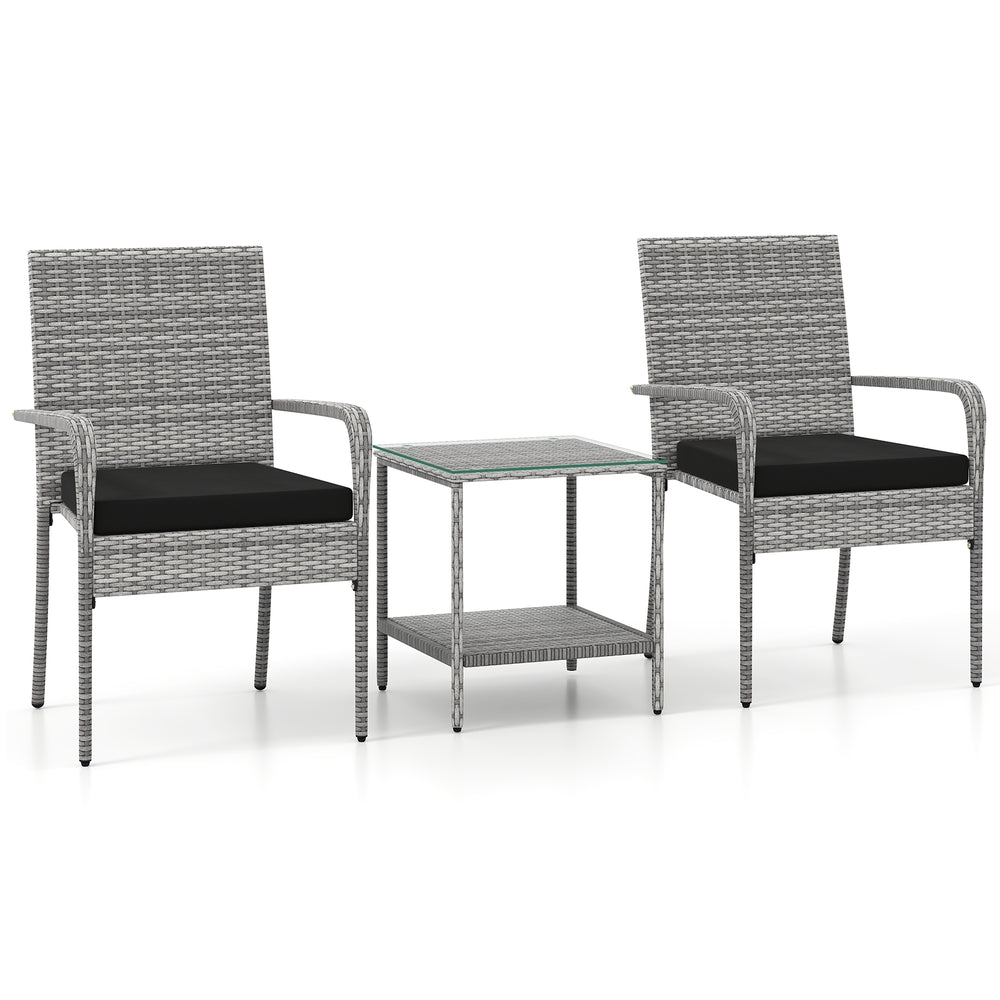 Side view of a PE rattan chair with a soft black cushion, designed for comfort and stability in outdoor settings.