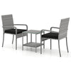 Two chairs with black cushions and a tempered glass tabletop in a 3-piece patio furniture set for balcony use.