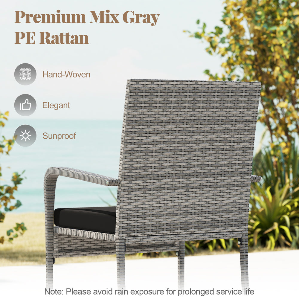 Back view of a patio chair made of premium mix gray PE rattan with a soft black cushion, ideal for outdoor relaxation.