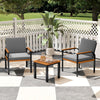 Two grey patio chairs with acacia wood armrests and a coffee table, perfect for outdoor conversation on a patio.