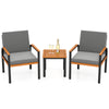 Two grey patio chairs with acacia wood armrests and a slatted coffee table, perfect for outdoor conversation.