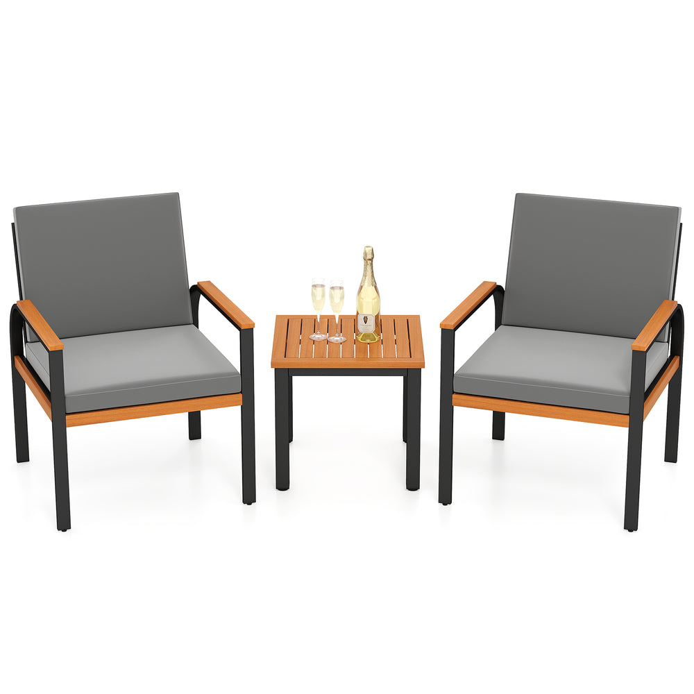 Two grey patio chairs with acacia wood armrests and a slatted coffee table, perfect for outdoor conversation.