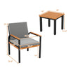 Grey patio chair with acacia wood armrests and coffee table, featuring slatted design and detachable cushion covers.