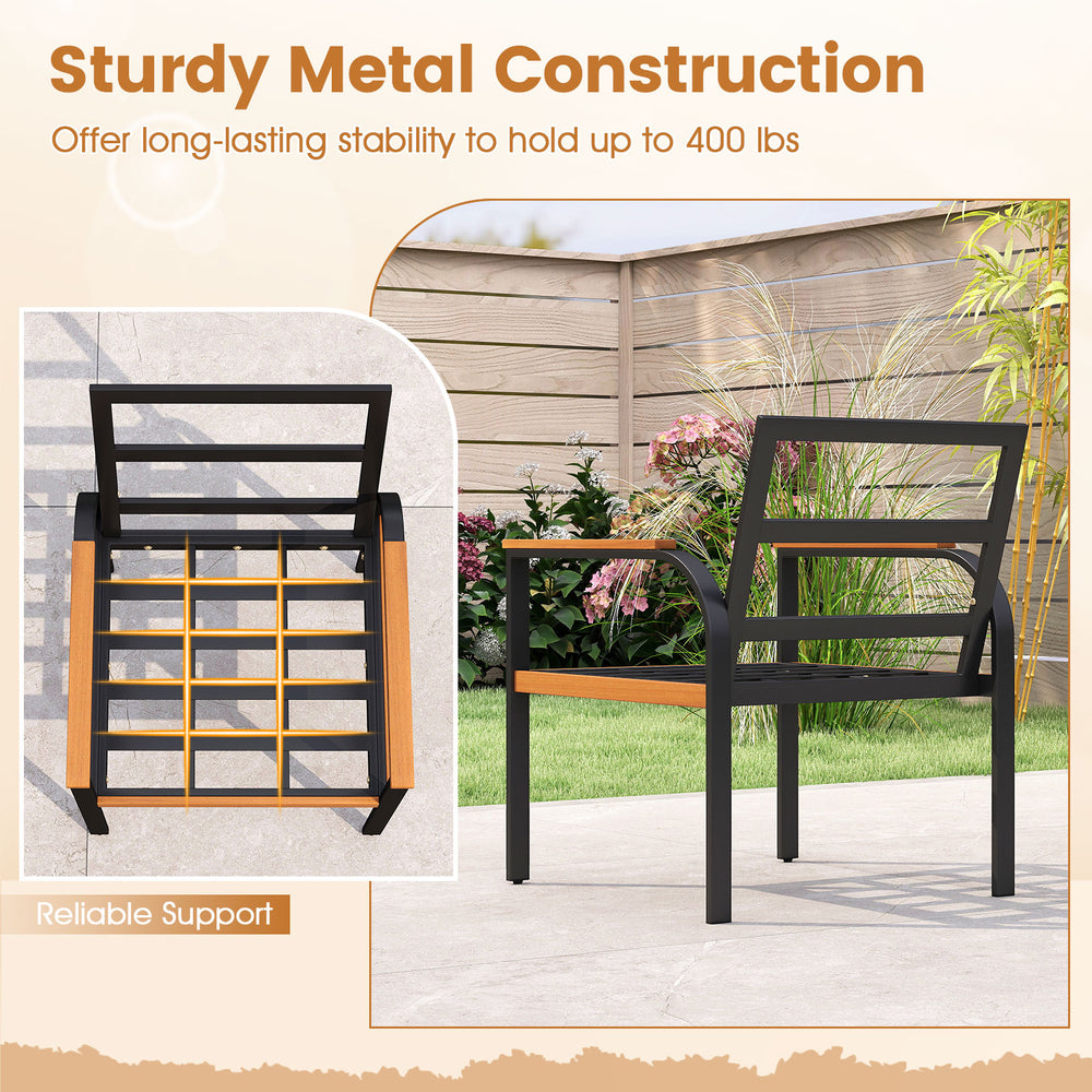 Sturdy metal chair with acacia wood armrests and slatted design, ideal for outdoor patio use and reliable support.