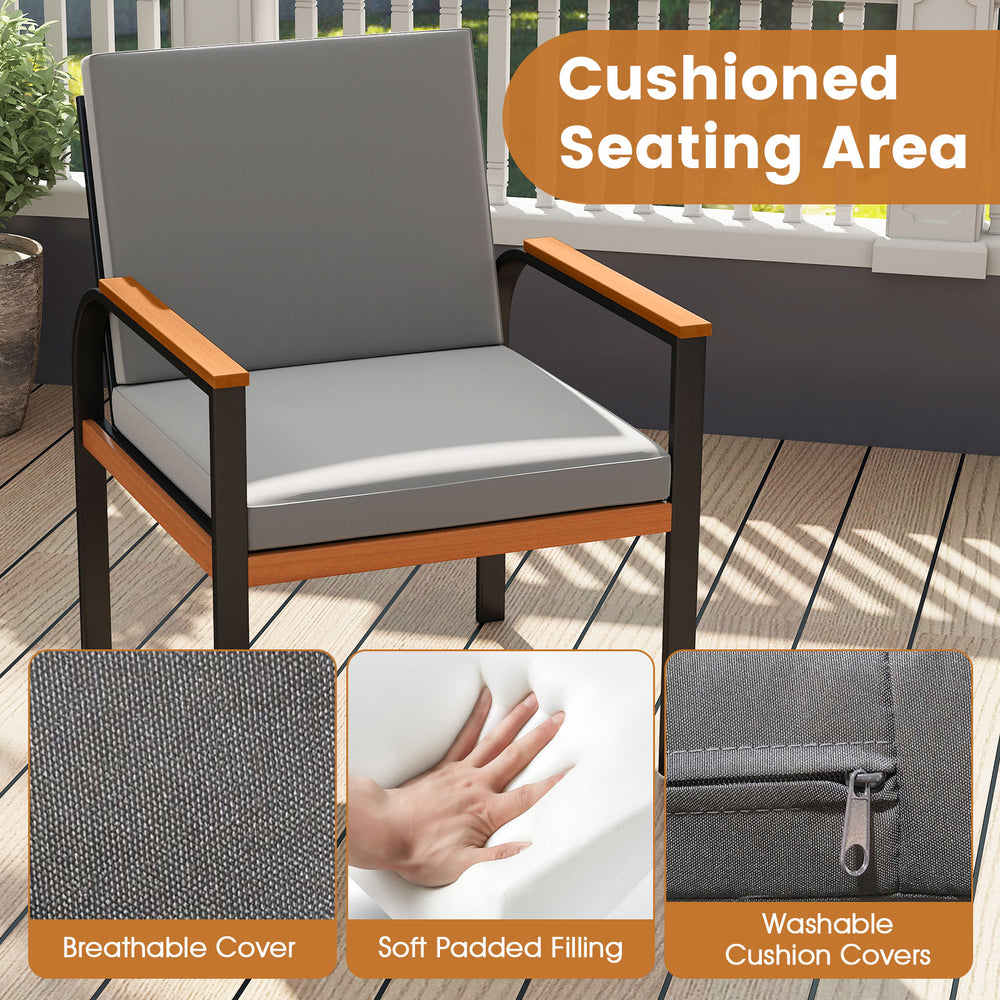 Cushioned patio chair with breathable cover and soft padded filling, featuring acacia wood armrests for outdoor comfort.
