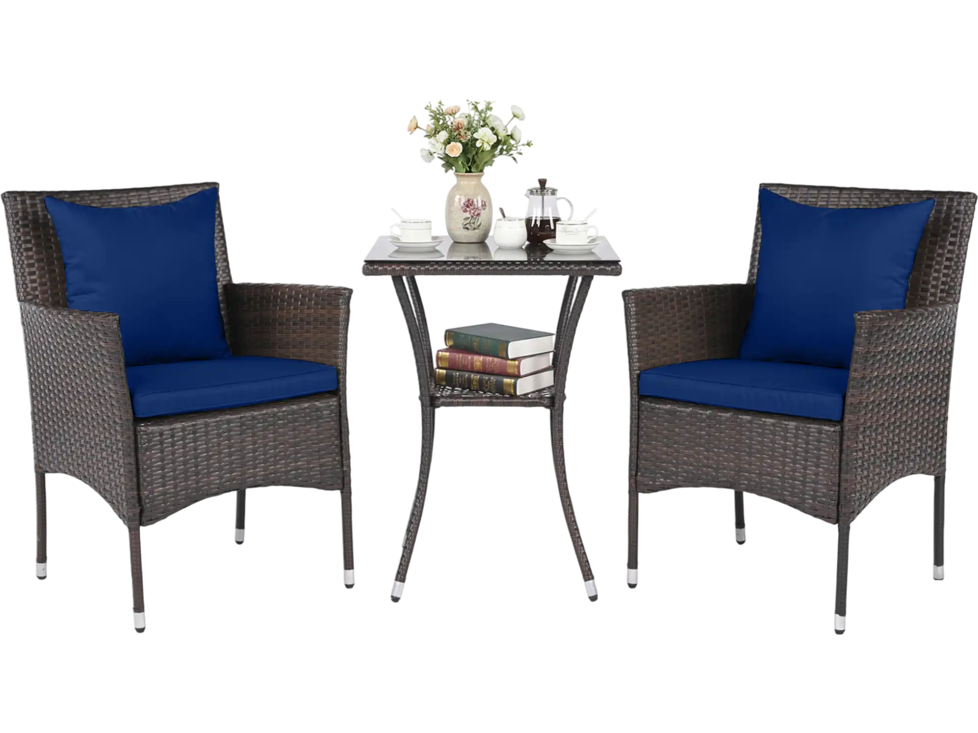 Costway 3-Piece Rattan Patio Bistro Furniture Set w/ Tempered Glass Side Table 12730346 New