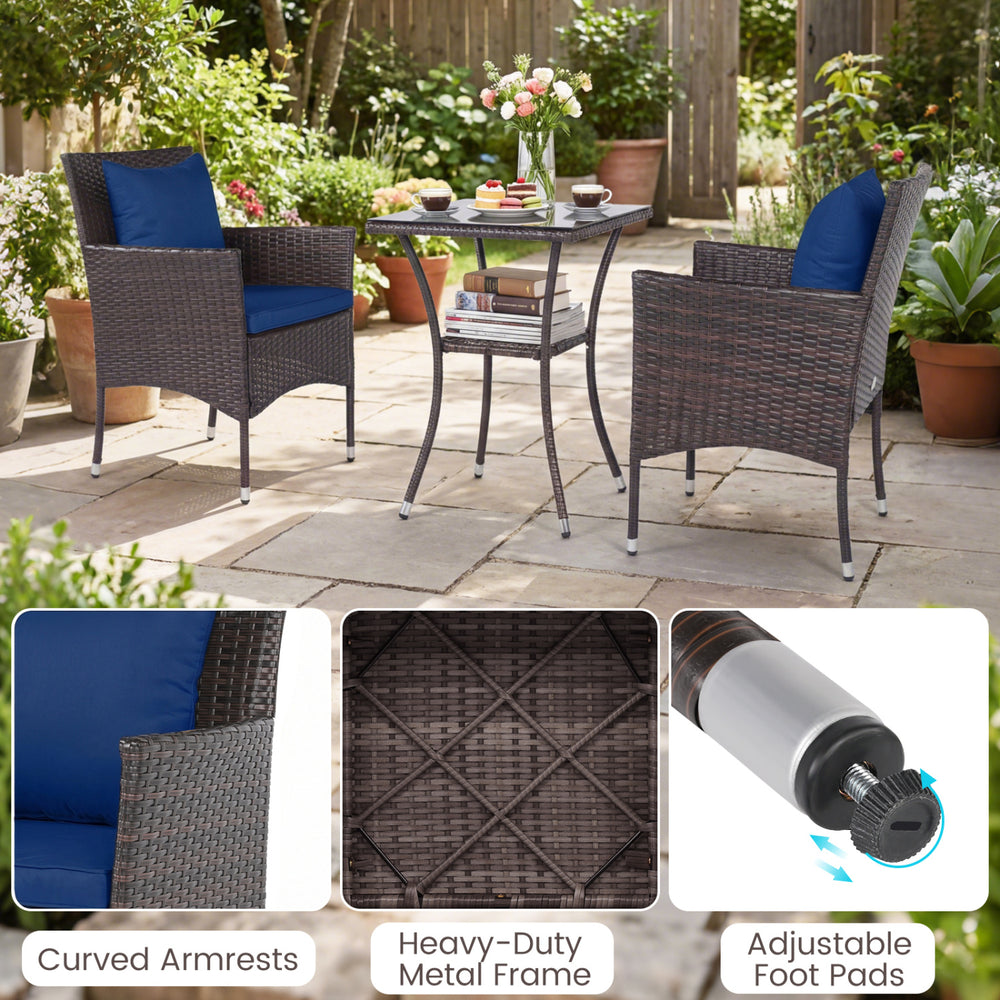 3-piece patio furniture set featuring navy rattan bistro chairs and a tempered glass side table for outdoor relaxation.