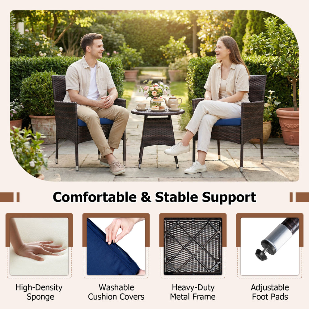 3-piece patio bistro set featuring navy cushions, hand-woven PE rattan, and a heavy-duty metal frame for outdoor.