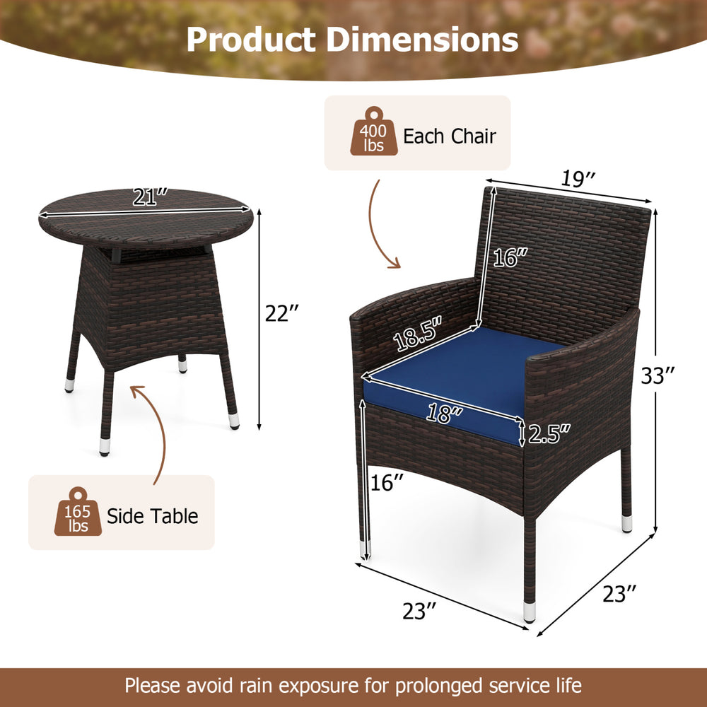 3-piece patio bistro set featuring a round table and navy cushion chair, crafted from durable brown PE rattan for.