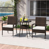 Side view of a 3-piece patio furniture set with two PE rattan wicker chairs and a tempered glass top table, designed.