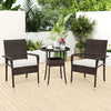 Two PE rattan wicker chairs with white cushions and a round tempered glass table, ideal for cozy outdoor gatherings.
