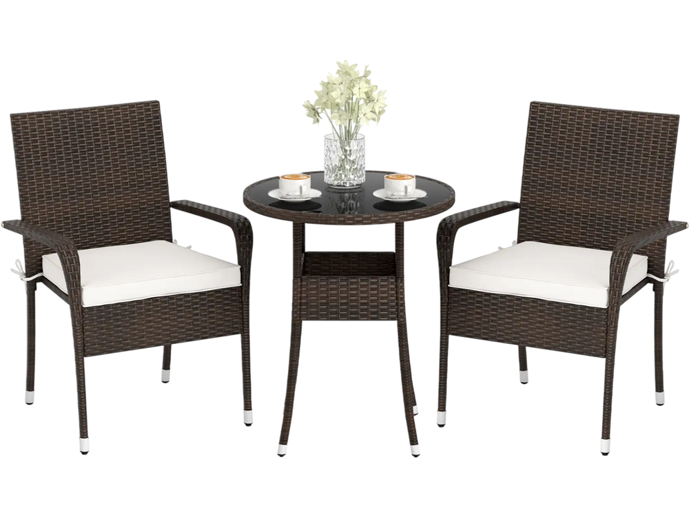 3-piece patio furniture set featuring PE rattan wicker chairs and a tempered glass top table, perfect for outdoor.