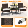 3-piece patio furniture set featuring PE rattan wicker chairs and a tempered glass top table for outdoor relaxation.