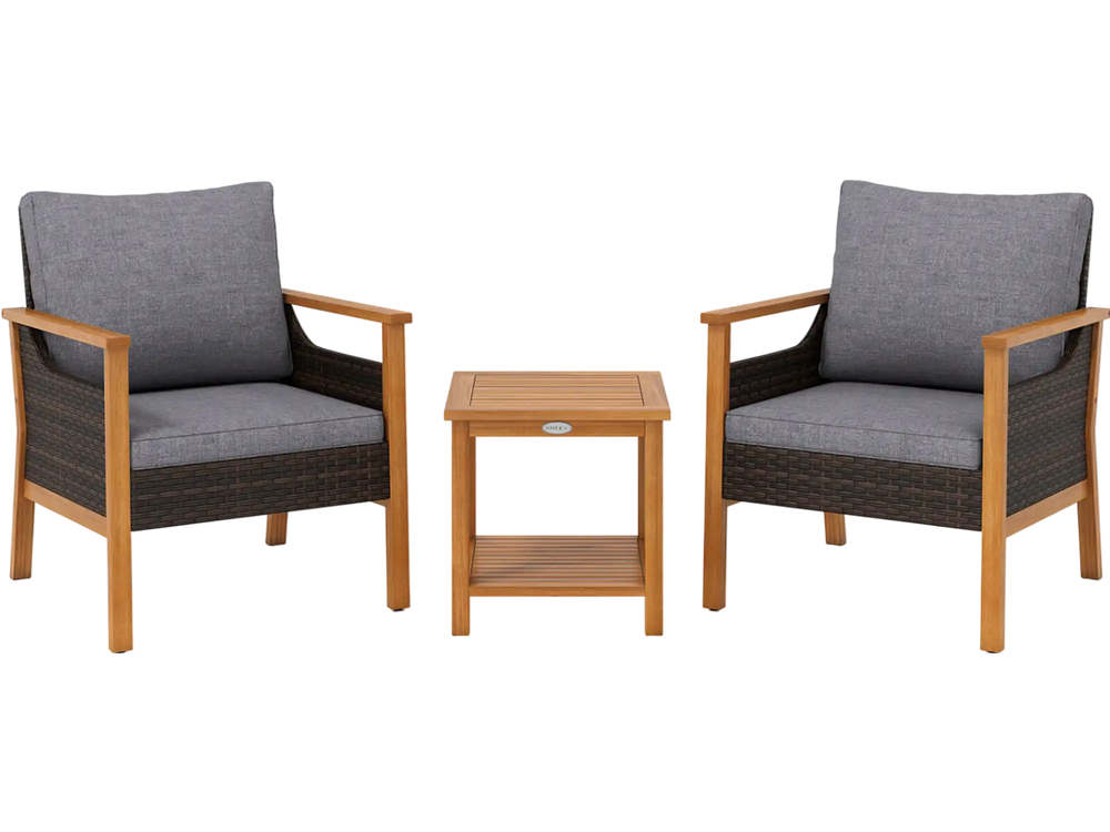 Ergonomic gray patio chair featuring a solid acacia wood frame, detachable cushion, and comfortable armrests for outdoor use.