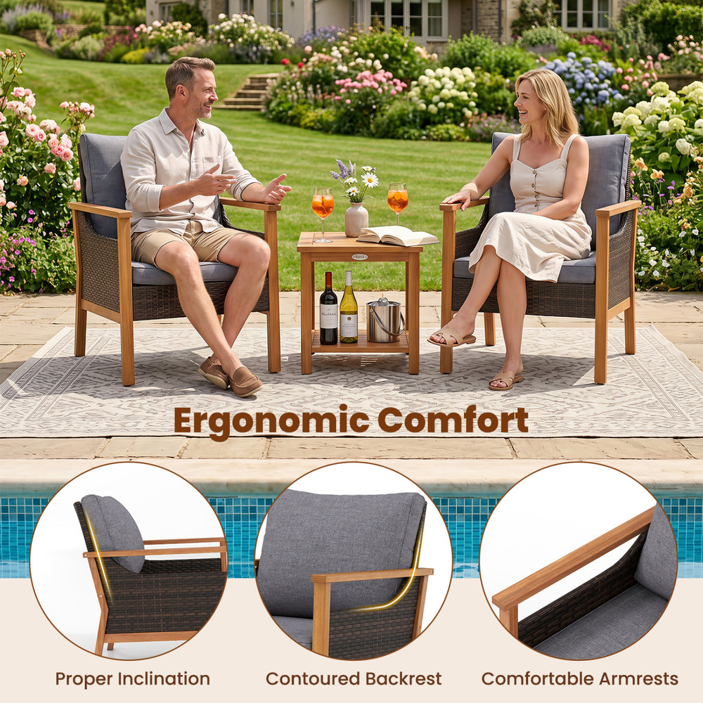 3-piece patio furniture set in gray featuring ergonomic chairs with contoured backrests and a slatted side table for outdoor comfort.