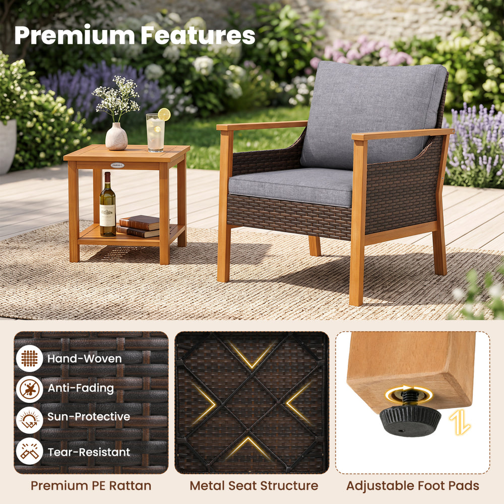 Gray patio chair with hand-woven PE rattan and solid acacia wood, perfect for backyard relaxation and comfort.