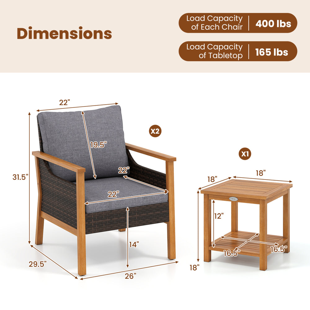Dimensions of the 3 Piece Patio Furniture Set featuring a gray chair with detachable cushions and a slatted side table.